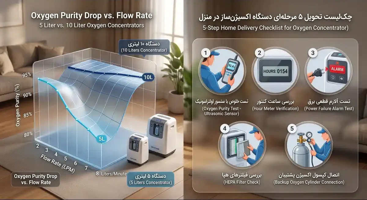 اینفوگرافیک مقایسه افت خلوص اکسیژن ساز ۵ لیتری و ۱۰ لیتری با افزایش دبی و چک لیست تحویل در منزل