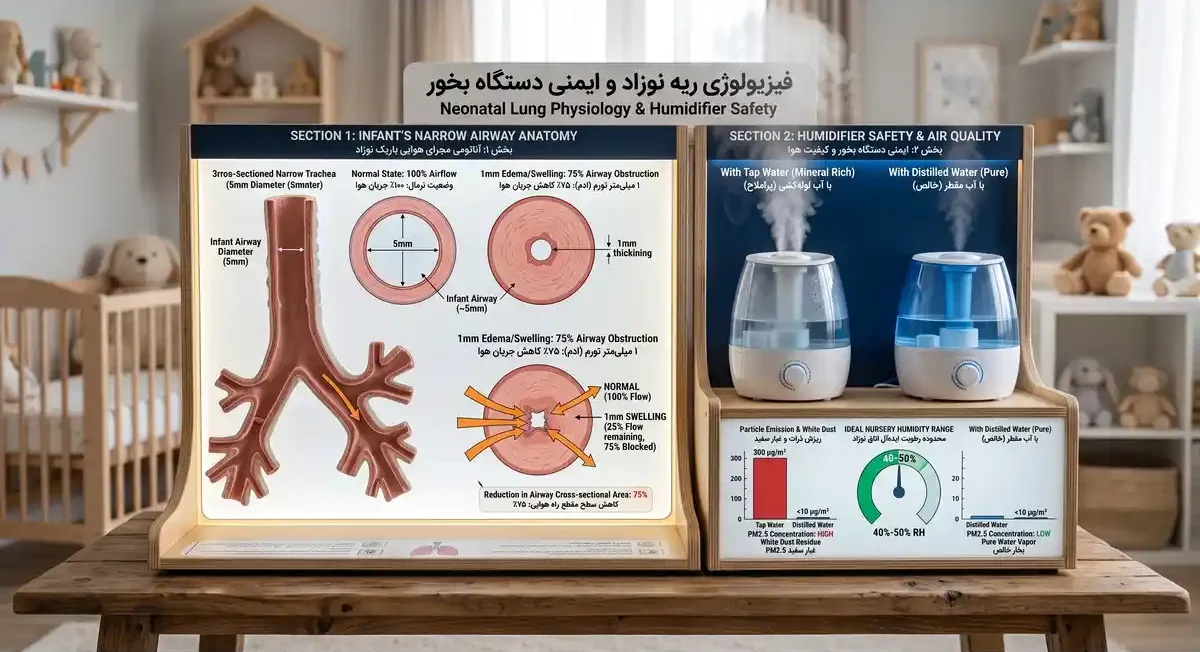 اینفوگرافیک مقایسه فیزیولوژی ریه نوزاد و خطرات غبار سفید دستگاه بخور سرد اولتراسونیک