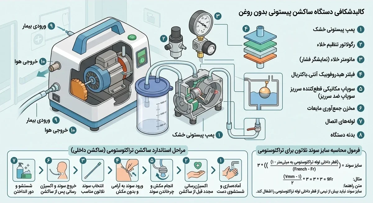 اینفوگرافیک تشریحی قطعات مکانیکی دستگاه ساکشن پیستونی اویل فری، گیج مانومتر و شیر رگولاتور خلاء به همراه فیلتر هیدروفوبیک