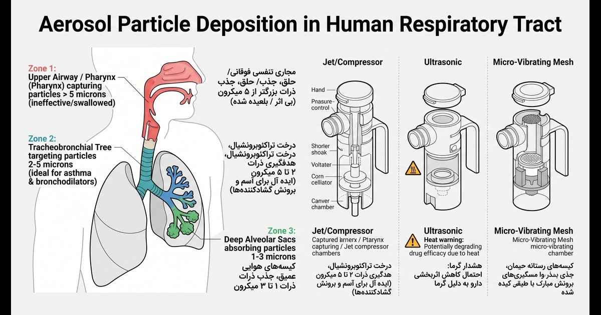 اینفوگرافیک تحلیل اندازه ذرات MMAD و محل رسوب داروی دستگاه نبولایزر در ریه، به همراه مقایسه ساختار داخلی نبولایزر کمپرسوری، اولتراسونیک و مش‌کپ